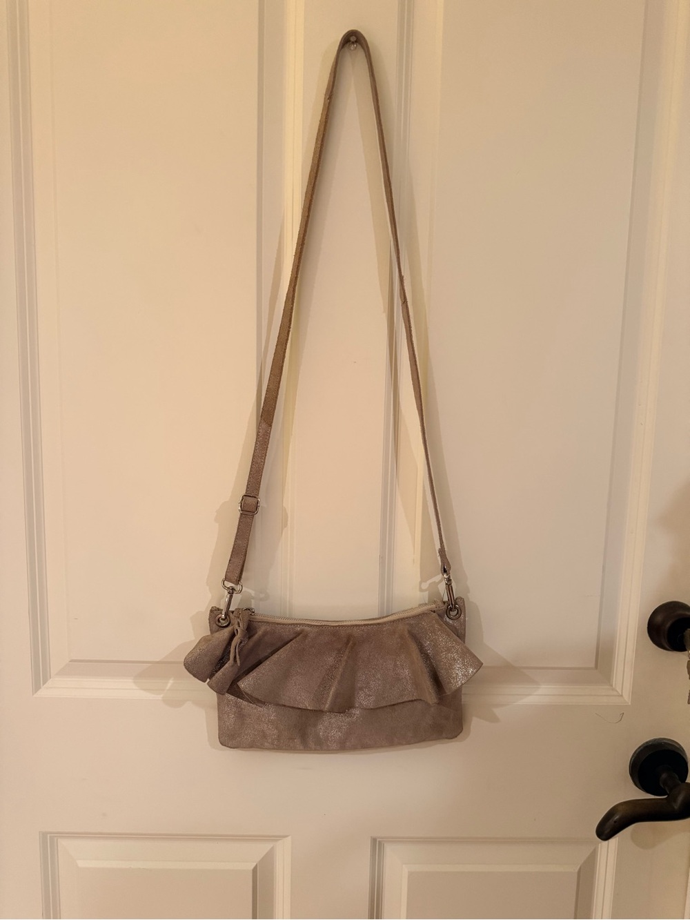 Mo & Co Genuine Cow Leather Taupe Ruffle Crossbody Shoulder Bag